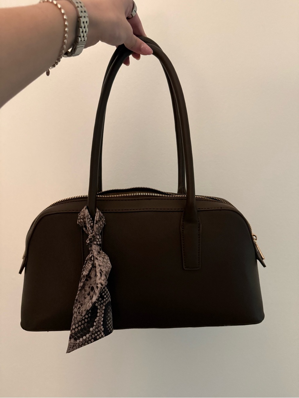 Anne Klein Brown Dome Satchel with Scarf Accent